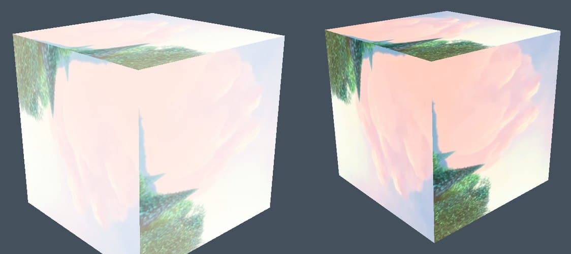 Two captures of the cube at the same moment of the video. The left one, with the sRGB swapchain, is pale and washed out; the right one, with Bgra8Unorm, has noticeably stronger pinks and greens.