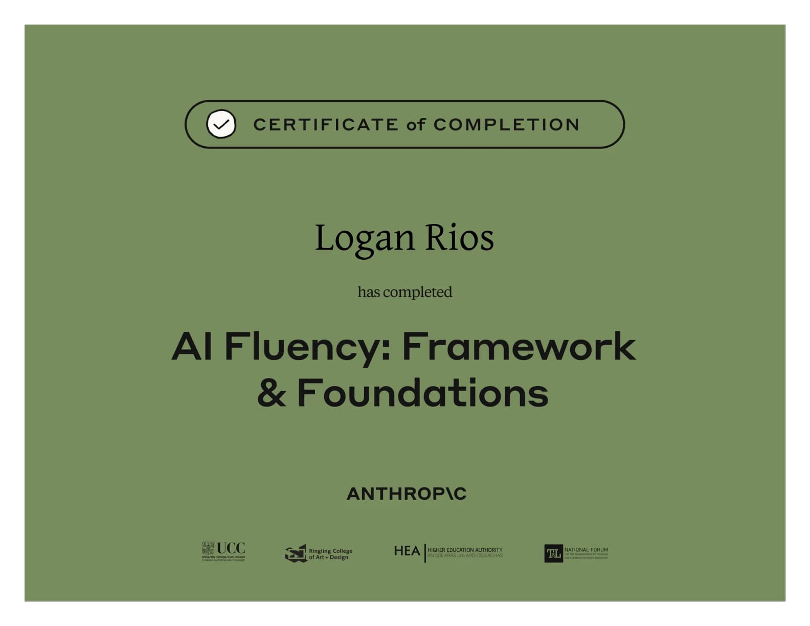 Logan Rios — AI Fluency: Framework & Foundations, Anthropic certificate of completion
