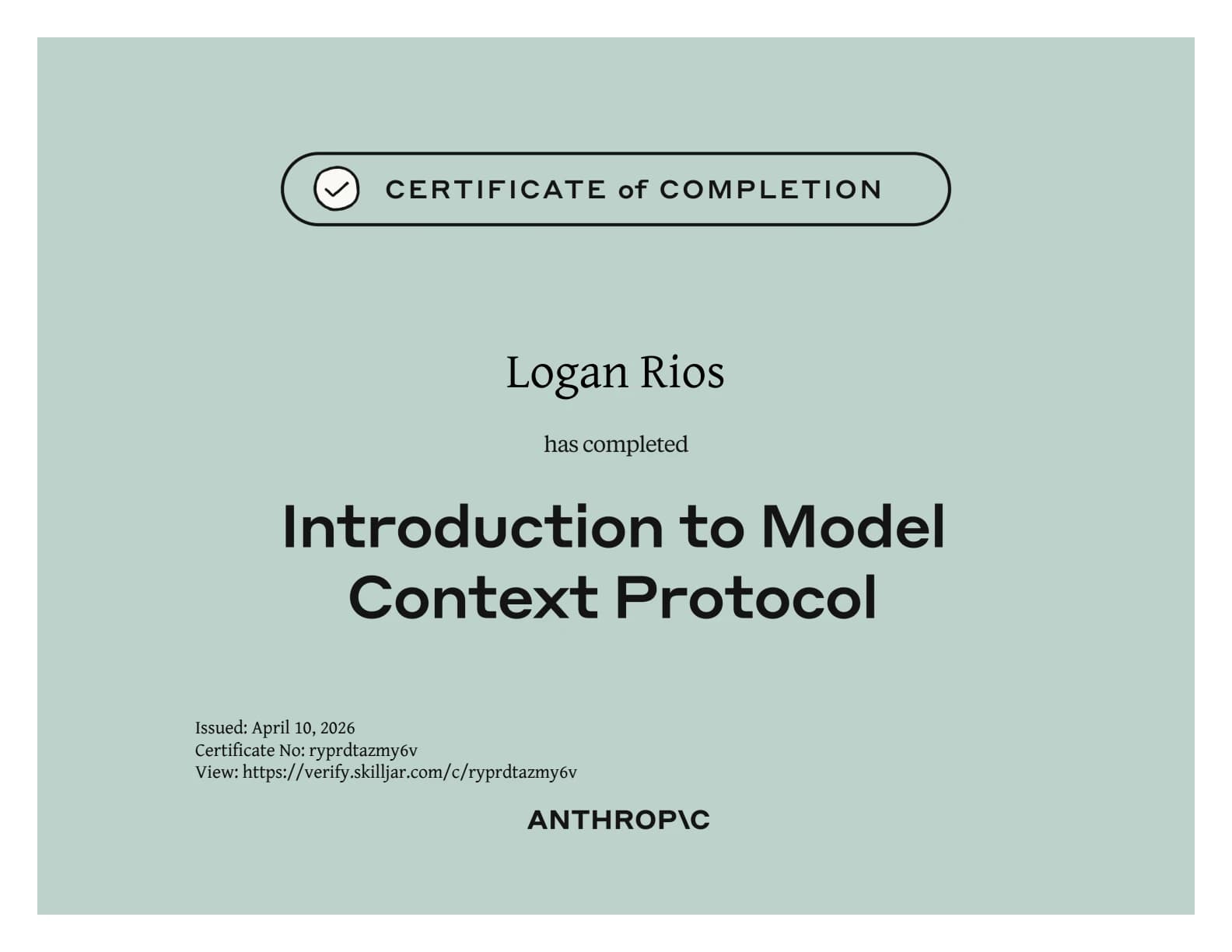 Logan Rios — Introduction to Model Context Protocol, Anthropic certificate of completion