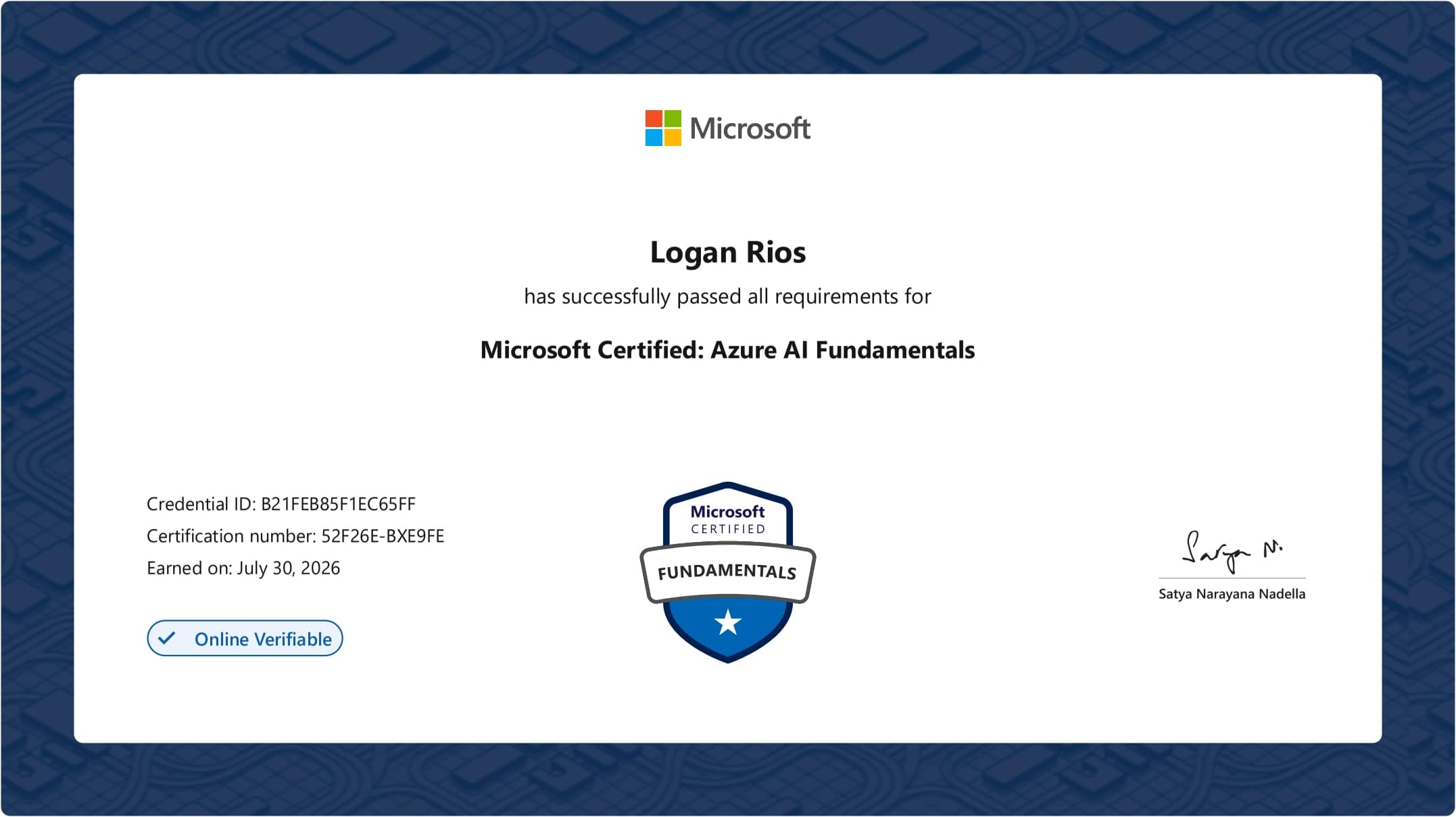 Logan Rios — Azure AI Fundamentals, Microsoft Certified credential